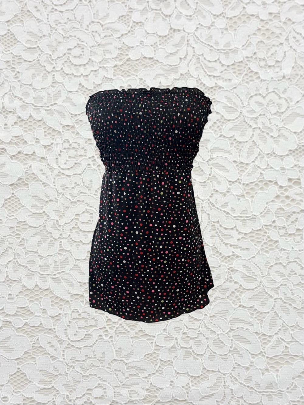 vintage black multicolored polka dot babydoll strapless tube top with tie back